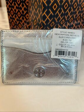 Tory Burch Silver Metallic Slim Card Case with Logo Detail BNWT